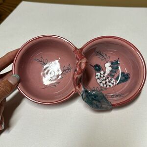 Italian Pottery Hand Painted Bird Divided Ceramic Condiment Dish Center Handle